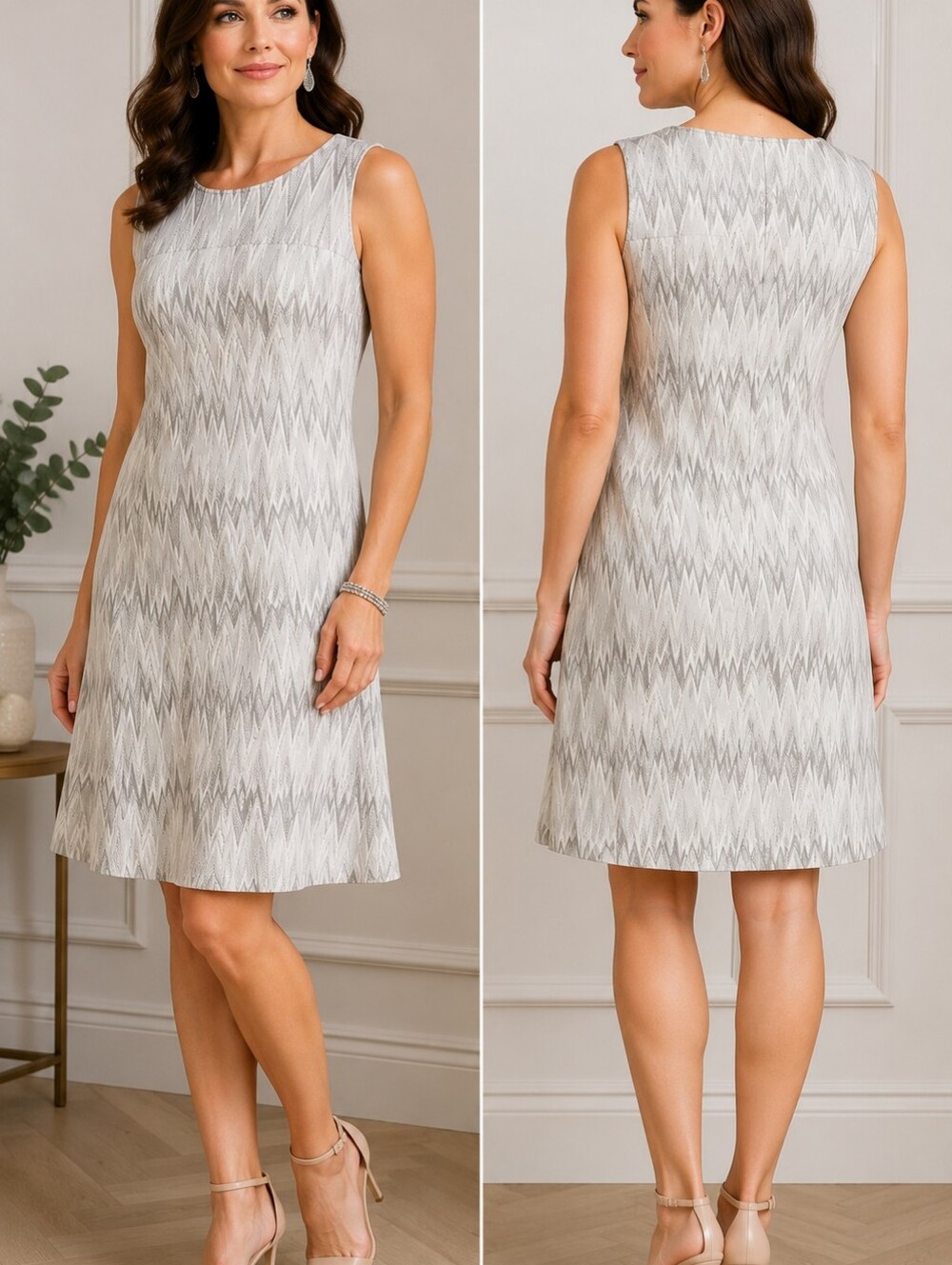 Frank Lyman Design Sleeveless Chevron Midi Dress in Gray and White
